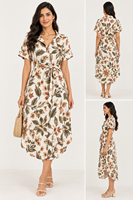 Robe midi décontractée en mousseline de soie à imprimé floral pour femme, manches courtes, col en V, coupe trapèze, avec ceinture, idéale pour l'été