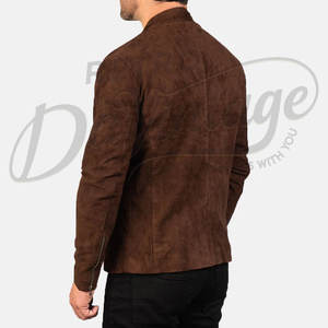 Veste en cuir suédé marron foncé pour homme, coupe ajustée, en véritable peau de mouton, automne-hiver, style décontracté, col bandoulière, fermeture éclair, vêtement d'extérieur - Product Image 3