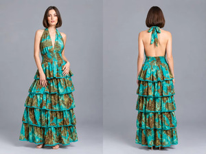 Vestido maxi halter estampado sin mangas con cuello en V, cintura imperio y falda con volantes, ropa informal de verano - Product Image 1