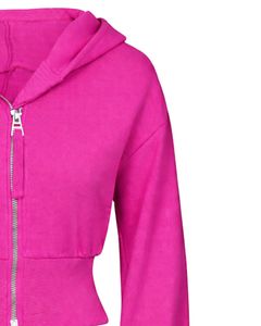 Womens Hot Pink <b>Cropped</b> <b>Zip</b> <b>Up</b> Hoodie Slim Fit Long Sleeve Casual Streetwear Cotton Fleece Sweatshirt Custom Logo ODM Factory - Product Image 4