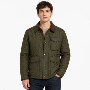 Chaqueta de Campo Acolchada Verde Oliva para Hombre, Chaqueta Clásica con Costuras en Diamante, Chaqueta Ligera Aislante para Exteriores con Cuello de Pana - Product Image 1