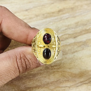 Premium Look Gold Plated Brass Black Onyx & Garnet <b>Ring</b> Vintage Style Filigree Texture <b>Ring</b> <b>Statement</b> Handmade Wholesale <b>Ring</b> - Product Image 1