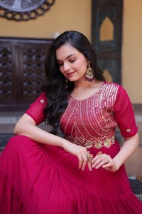 Elegant Faux Blooming Embroidered Gown with Zari <b>Sequins</b> Work High <b>Flare</b> Party Wear Dress for Women - Product Image 2