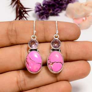 Pink Cotton Candy Dahlia Turquoise & Kunzite <b>Dangle</b> <b>Earrings</b>, 925 Sterling <b>Silver</b> Boho Gemstone Jewelry Gift for Her - Product Image 2