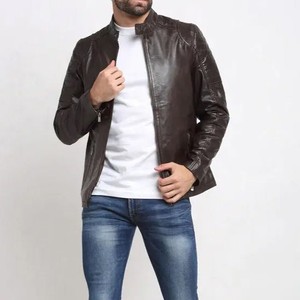 Men's Genuine Leather Moto <b>Jacket</b> Stand Collar Zipper Closure Solid Color <b>Slim</b> <b>Fit</b> Regular Length Autumn Style - Product Image 5
