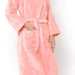 Robe de chambre en polaire pour femme, longue, à manches longues, douce et confortable, col en V, rose uni, hiver, avec poches, en coton/fibre de bambou, respirante - Product Image 2