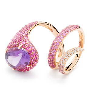 Luxury Rose <b>Gold</b> <b>Cocktail</b> <b>Ring</b> With Amethyst And Pink Sapphire Water Drop Shape For Women Party Jewelry - Product Image 1