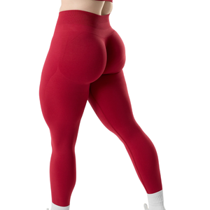 เลกกิ้งไร้ตะเข็บเอวกลางสำหรับผู้หญิง สีแดงสด ยืดหยุ่นสูง เหมาะสำหรับโยคะ ออกกำลังกาย ฟิตเนส กระชับหน้าท้อง ชุดออกกำลังกาย ชุดลำลอง ใส่ได้ทุกวัน ทรงพอดีตัว เนื้อผ้านุ่ม - Product Image 4