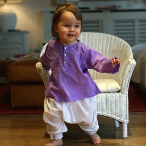 Beautiful Purple Summer Wear Short <b>Kaftan</b> Crafted By Soft Cotton Featuring With Beautiful Embroidery Long Sleeves & Front Button - Product Image 1