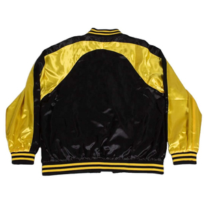 Veste universitaire noire et jaune pour homme, manches en satin, blocs de couleur, col rabattu, coupe classique, décontractée, pour l'automne - Product Image 2