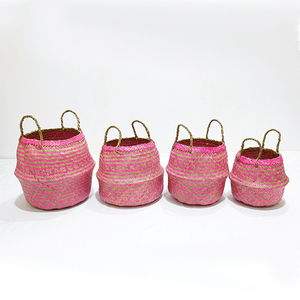New Design Durable Circle Palm Leaf Belly <b>Basket</b> Pink Woven Eco-Friendly Storage Bin <b>Foldable</b> Plant Pot with Handle - Product Image 2