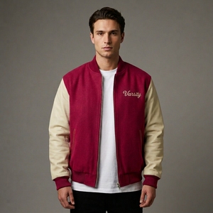 Mens Burgundy Wool <b>Jacket</b> Cream Sleeves Rib Knit Collar Cuffs Full Zip Front Premium Casual Streetwear Custom Outerwear <b>Jacket</b> - Product Image 1