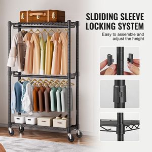 Heavy Duty Double Hanging Rods <b>Clothes</b> Rack Bottom Top <b>Storage</b> Tier with Rolling Feature for Garment <b>Storage</b> - Product Image 6