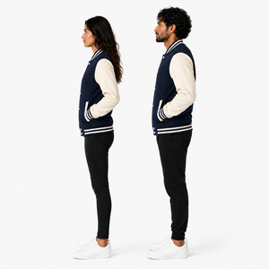 Chaqueta Varsity Unisex Azul Marino de Lana, Cortavientos, con Cuello Alto, Logotipo Frontal, Estilo Casual, Cierre de Botones Cubiertos, Corte Regular, para Invierno - Product Image 3