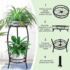 Support à fleurs moderne en métal à deux niveaux pour plantes d'intérieur, présentoir de verdure, porte-plantes décoratif, finition noire - Product Image 3