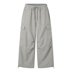 Pantalones Parachute Grises para Mujer, Cintura Media con Cordón Ajustable, Corte Holgado, Largura al Tobillo, Color Sólido, Estilo Casual, Tejido - Product Image 1