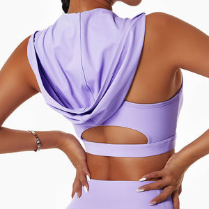 Ensemble de yoga pour femme : Crop top violet à col en V et dos nageur, leggings longs taille haute sans coutures avec poches - Product Image 6