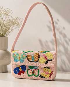 Pink <b>Beaded</b> <b>Butterfly</b> Embroidered Handbag with Colorful Insect Patterns Textile Craft Bag Embroidered Washable Rectangular Bags - Product Image 4