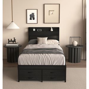 Black Metal <b>Twin</b> <b>Bed</b> <b>Frame</b> with Headboard and Storage Drawers Single <b>Bed</b> Platform <b>Frame</b> - Product Image 3