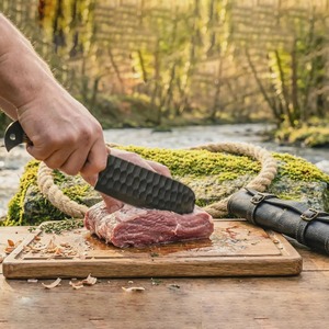 Ensemble de 5 couteaux de cuisine forgés à la main avec manches en bois et étui en cuir, lames en acier Damas, design à pointe tombante - Product Image 3