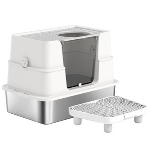 Lettiera XL in acciaio inossidabile per gatti di grossa taglia, con coperchio ribaltabile a 100 gradi, ingresso laterale con gradino, chiusa, in materiale ABS, con ampio spazio interno - Product Image 1
