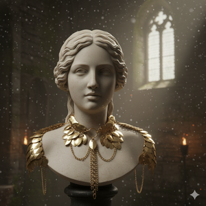 Collar de hombro artesanal de metal dorado con diseño de escamas, joyería clásica con busto de diosa de mármol, pieza decorativa de malla artística - Product Image 1