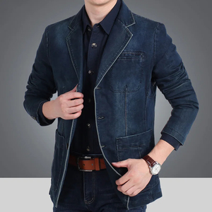 Men's Slim Fit Denim Blazer <b>Smart</b> <b>Casual</b> <b>Jacket</b> Turn Collar Single Breasted Blue Washed Cotton Lining Winter Outerwear Front - Product Image 6