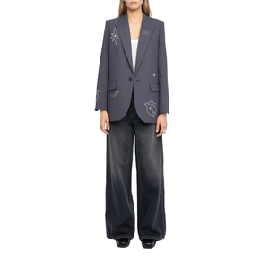 Custom Made OEM Wholesale Women SuitSet Charcoal Grey <b>Silver</b> Rose Embroidery Double Breasted Blazer Trouser Office Business Wear - Product Image 3