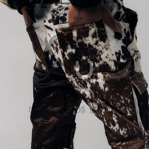 Men's High Waist <b>Flare</b> Pants Cowhide Print Spliced Casual Style Button Fly Autumn Wear - Product Image 5