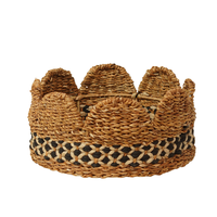 Panier de rangement rond en jonc de mer et jute tressé à la main, écologique, avec bord festonné, pour fruits ou comme plateau décoratif de table