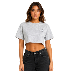 เสื้อครอปท็อปสำหรับฤดูร้อน ผ้าฝ้าย 100% ระบายอากาศได้ดี เสื้อผู้หญิงแบบเรียบ รับสกรีนโลโก้ พิมพ์ลาย DTG คอกลม แบบพื้นฐาน สำหรับออกกำลังกายและเล่นกีฬา - Product Image 1
