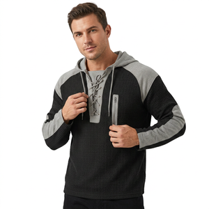 Suéter de punto con capucha para hombre, manga raglán, color sólido, informal, para invierno, con cordones delanteros y bolsillo con cremallera, 100% algodón - Product Image 3
