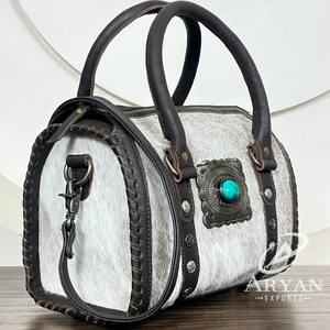 Sac fourre-tout en cuir véritable de vache avec poils, modèle Speedy moyen, style western, sac à main en cuir véritable pour femme, sac de voyage - Product Image 1