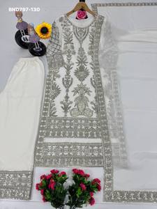 Colección Premium de Ropa de Fiesta en Faux Georgette con Bordado de Lentejuelas, Conjunto Completo de Plazzo-Kurta y Dupatta, Ropa Étnica - Product Image 6