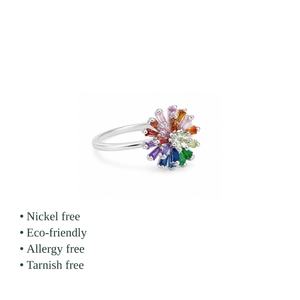 925 <b>Silver</b> Rainbow Crystal Flower Cocktail Ring Baguette Cut Prong Setting Trendy Unisex Jewelry - Product Image 2
