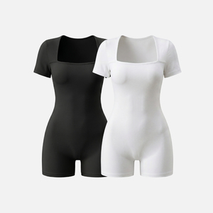 OEM Custom Square Neck Short Sleeve Seamless Nylon Spandex One Piece Solid Gym Workout Fitness <b>Romper</b> <b>Women's</b> Yoga Jumpsuit - Product Image 1