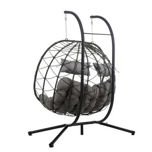 Sedia a dondolo a forma di uovo per 2 persone, da interno/esterno, in vimini, con supporto, per patio, giardino e uso interno/esterno - Product Image 4