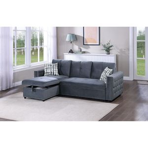 Divano Sezionale Convertibile 2 Pezzi in Velluto Grigio con Letto Estraibile, Chaise Longue Contenitore e Dettagli Trapuntati, Reversibile, per Soggiorno - Product Image 6