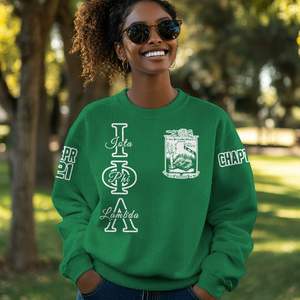 Chaqueta Universitaria Verde Esmeralda Personalizada Iota Phi Lambda, Suéter Tejido de la Hermandad Iota Phi Lambda - Product Image 1