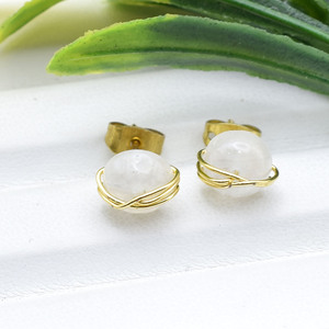 Moonstone Round Wire Wrapped <b>Stud</b> <b>Earrings</b> 8mm | Handmade Brass And <b>Silver</b> Gemstone <b>Studs</b> | June Birthstone Intuition Crystal Gi - Product Image 2