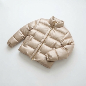 Unisex Beige Varsity <b>Jacket</b> Stand Collar Zipper Closure Windproof Casual Winter Eco-friendly Cotton Filled Regular Fit 100 - Product Image 4