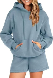 Conjunto de Sudadera con Capucha Gris para Mujer, Manga Larga, Color Sólido, Pantalones Cortos de Algodón Tejido, Traje Informal para Primavera/Verano - Product Image 1