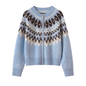 Cardigan en tricot bleu clair pour femme, fermeture éclair sur le devant, manches longues, pull décontracté d'hiver, col rond, motif géométrique, collection 2026 - Product Image 5