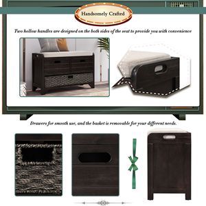 Fully Assembled Shoe <b>Storage</b> Bench with Removable Cushion and 2 Drawers Includes Removable <b>Basket</b> - Product Image 6