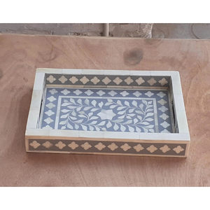 Plateau de service rectangulaire décoratif en os incrusté à motif floral en noir et blanc pour la décoration intérieure ethnique de luxe artisanale haut de gamme - Product Image 5