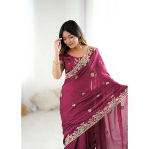 Sari en soie fantaisie avec broderies, fils et sequins, type châle - Product Image 2