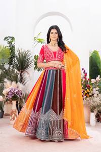 Stylish Indian <b>Designer</b> <b>Lehenga</b> With Embroidered Organza And Tulle V-Neck Short Sleeve A-Line Floor-Length Bohemian Ethnic Wear - Product Image 1