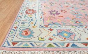 Alfombra Oushak de lana anudada a mano de lujo |   Alfombra Oriental Hecha a Mano de Estilo Oushak Turco Tradicional de Color Rosa para Decoración de Sala de Estar - Product Image 3