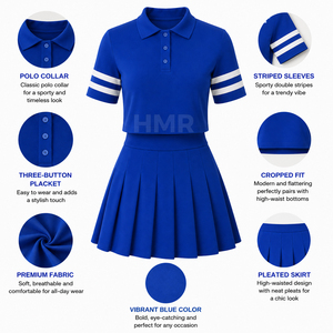HMR Sisterhood Sorority Blue Sporty ชุด 2 ชิ้น เสื้อโปโลครอปพร้อมกระโปรงจีบลายทางสีขาวสวมใส่ในฤดูใบไม้ผลิฤดูร้อน - Product Image 5