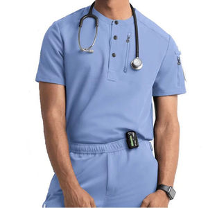 Conjuntos de Uniformes Médicos Personalizados Unisex de Mezcla de Algodón y Denim, Blusa Tipo Túnica con Cuello en V y Bolsillos, Pantalones Jogger Transpirables y Antiarrugas - Product Image 1